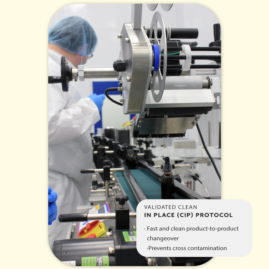 Automated bottling line Automated product fill automated cleaning automated seal automated capping automated labeling plant to product fill line in clean in protocol clean product to product changeover validated clean room 